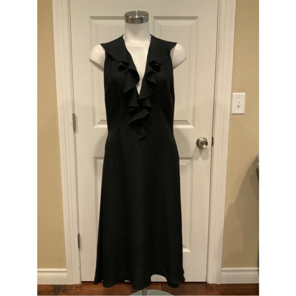 Yigal Azrouel Black Ruffle V-Neck Sleeveless 100% Silk Fit & Flare Dress